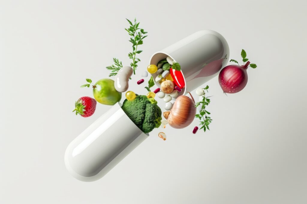 Home view healthy food incased pill shaped container
